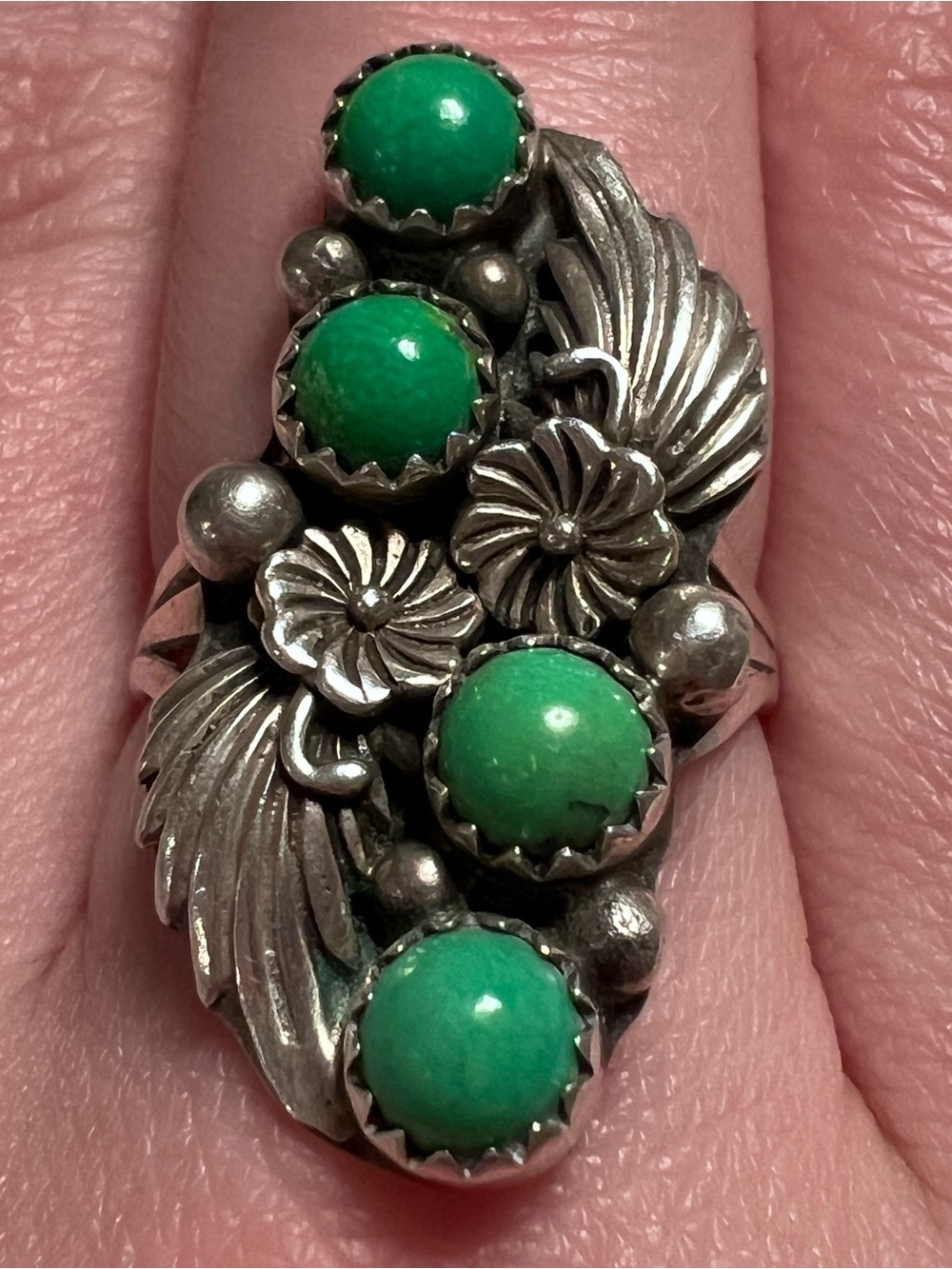 R.B. Navajo 925 Sterling Silver Green Turquoise 4-Stone Floral Leaf Ring Sz 7